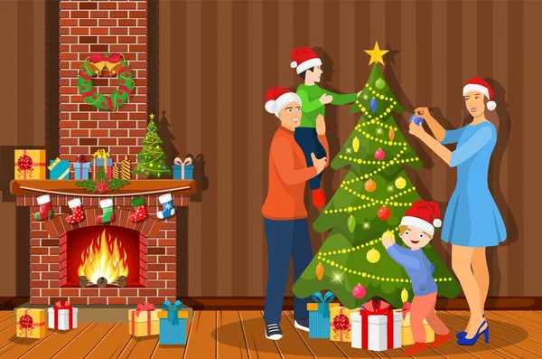 Famiglia decorazione albero di Natale — Vettoriale Stock