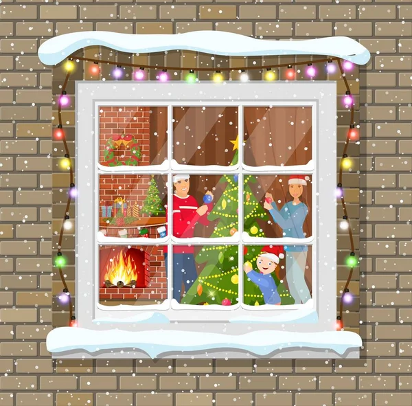 Karácsonyi ablak téglafal. — Stock Vector