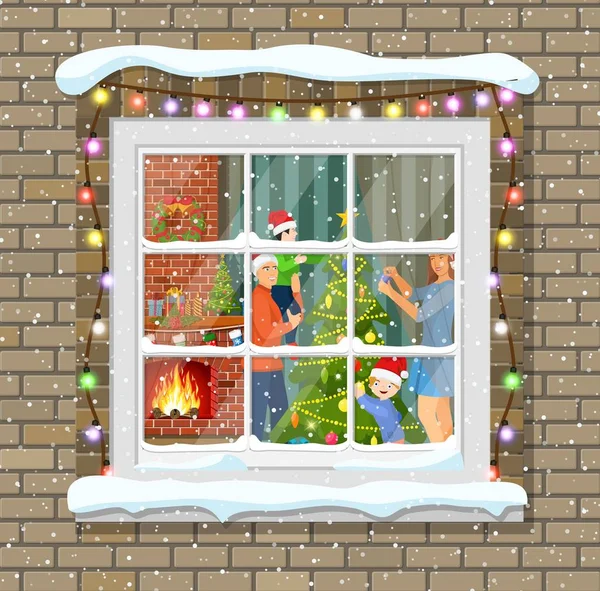 Christmas fönster i tegelvägg. — Stock vektor