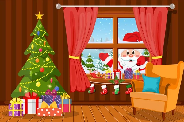 Room with christmas tree and presents — Stock Vector