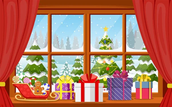 Christmas window view with a snowy landscape — Stock Vector