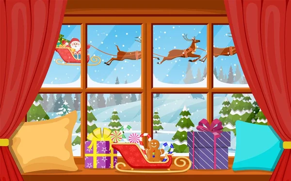 Christmas window view with a snowy landscape — Stock Vector