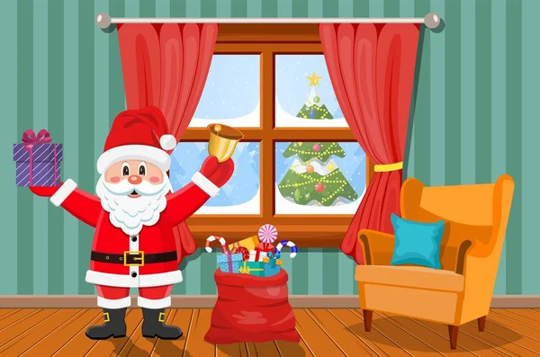 Père Noël dans la chambre avec arbre de Noël et cadeaux . — Image vectorielle