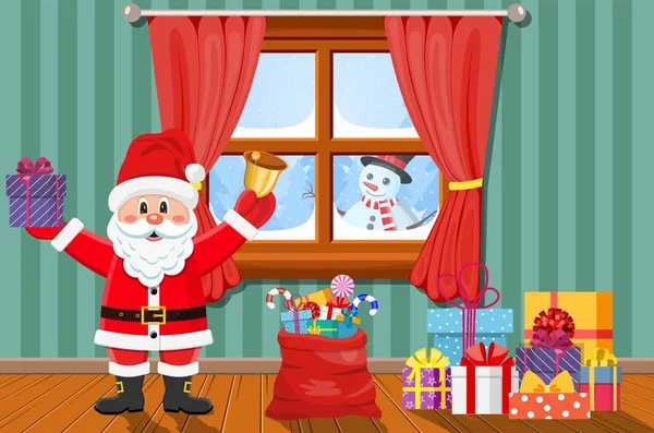 Santa en la habitación con árbol de Navidad y regalos . — Vector de stock