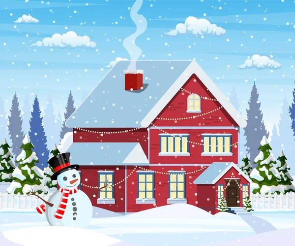 Suburban House Neige Couverte Immeuble Dans Ornement Vacances Sapin Noël — Image vectorielle