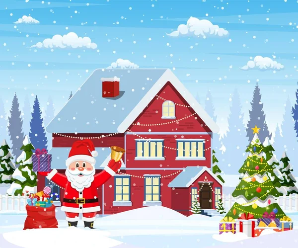 Huis in besneeuwd kerstlandschap — Stockvector