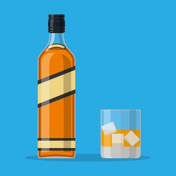 Flaska bourbon whiskey och glas med is. — Stock vektor