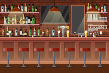 Kuruluş içme. İç pub, Cafe ve bar. Bar counter, başkanı ve alkol şişeleri ile raflar. Gözlük, tv, dart, buzdolabı ve lamba. Ahşap dekor. Düz stil vektör çizim