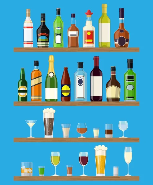 Набор различных напитков и бутылок на стене — стоковый вектор
