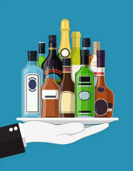 Alkohol italok gyűjtemény tálca pincér. — Stock Vector