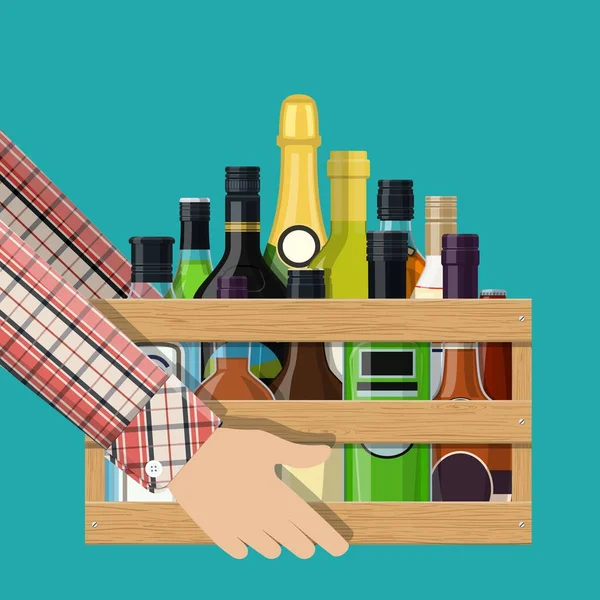 Recogida de bebidas alcohólicas en caja en mano . — Vector de stock