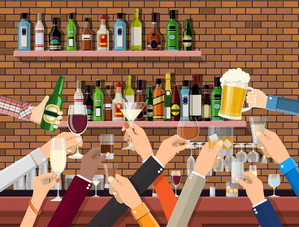 Skupina ruce drží brýle s různými nápoji. — Stockový vektor