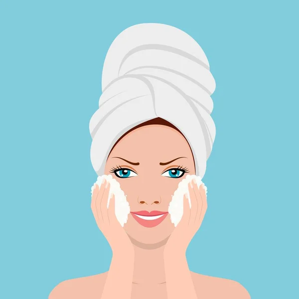Vacker kvinna färd med att tvätta ansikte i badrock och handduk — Stock vektor
