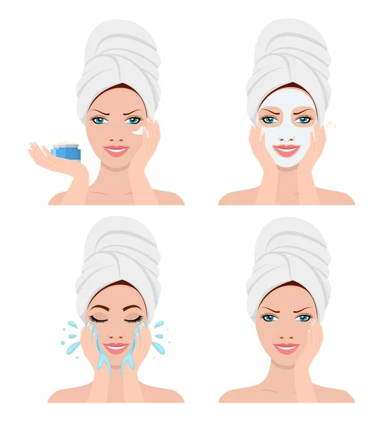 Woman showing four steps for washing face — Stock Vector