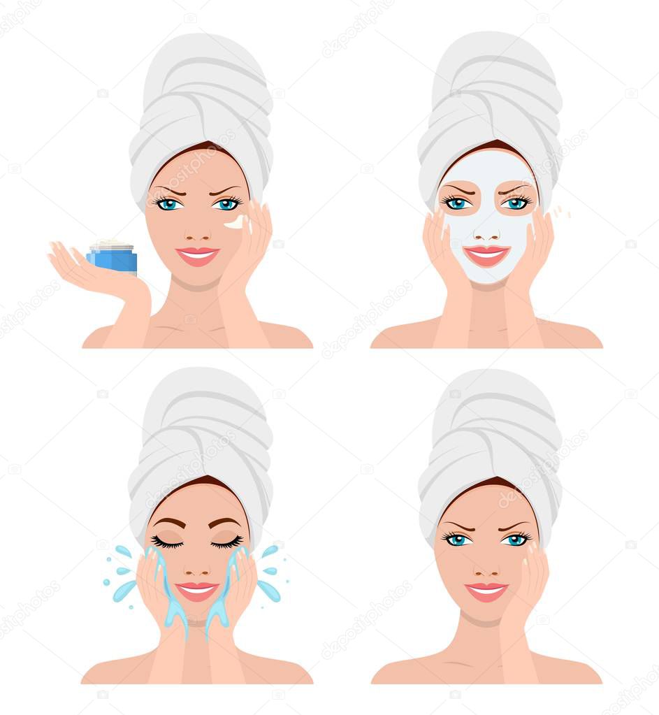 woman showing four steps for washing face