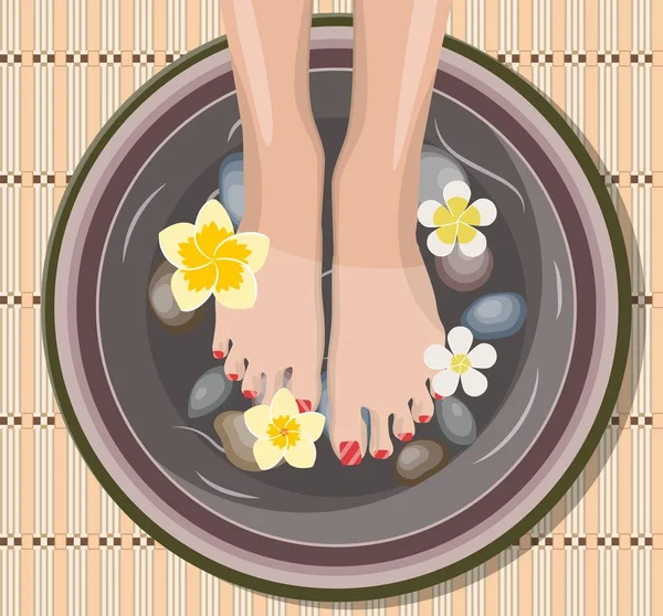 Female feet at spa pedicure procedure. — Stock Vector