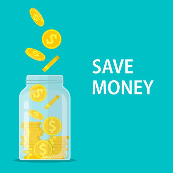 Money Jar. Saving dollar coin in jar.