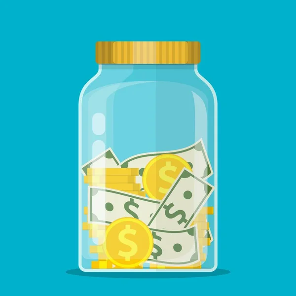 Dinheiro Jar. Poupando moeda dólar em jarra. — Vetor de Stock