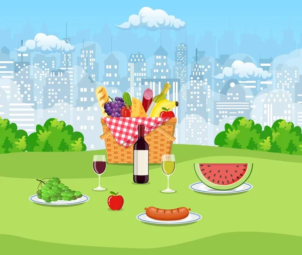 Concepto de picnic de verano con cesta , — Archivo Imágenes Vectoriales