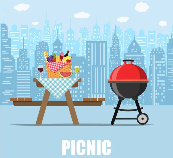 Mesa de picnic de verano sobre fondo de ciudad . — Vector de stock
