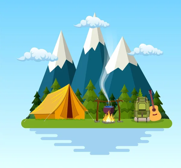 帐篷, 篝火, 山脉, 森林和水. — 图库矢量图片