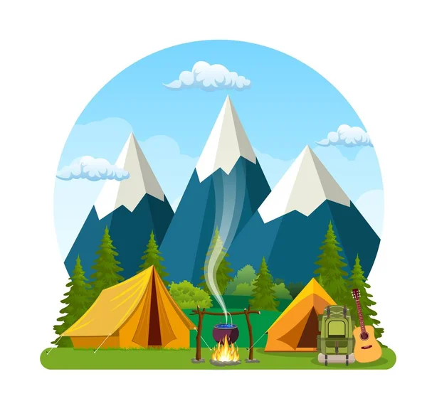 Summer camp. Landscape with yellow tent, — Stock Vector