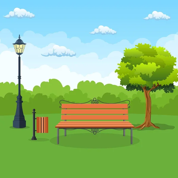 木と公園でランタンのベンチ. — ストックベクタ