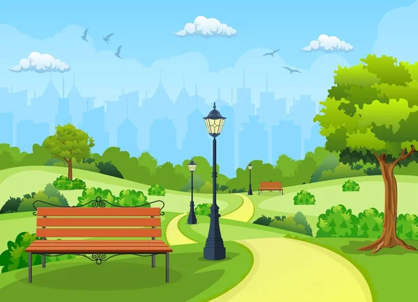 树与灯笼在公园的长椅上. — 图库矢量图片