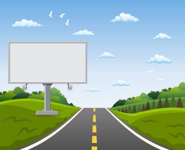 Boş billboard ve yolun yol kenarındaki ağaçlara