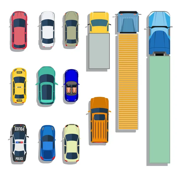 Carros e caminhões vista superior ícones planos . —  Vetores de Stock