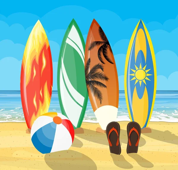 Paisaje de playa con tablas de surf escena — Vector de stock