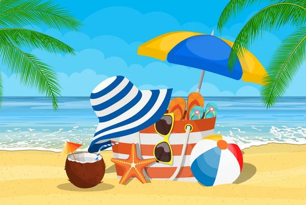 Θαλασσογραφία, θάλασσα, παραλία, τσάντα παραλίας, — Διανυσματικό Αρχείο