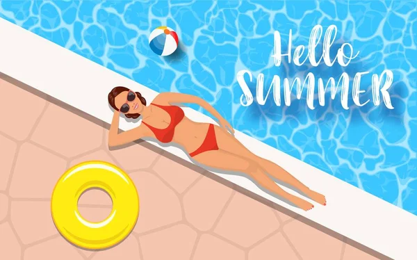 Slim woman in bikini relaxing by the swimming pool — Stock Vector
