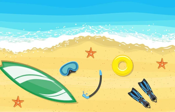 Paisaje de playa con tablas de surf escena — Vector de stock