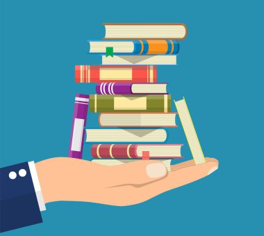 Yığın kitap elinde.
