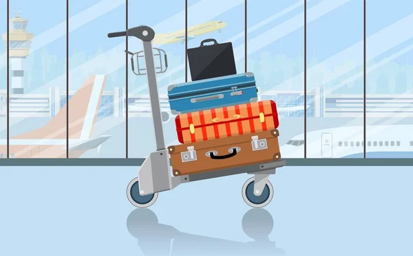 Carrello bagagli aeroportuali con valigie — Vettoriale Stock