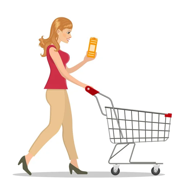 Mujer de compras con un carrito — Vector de stock