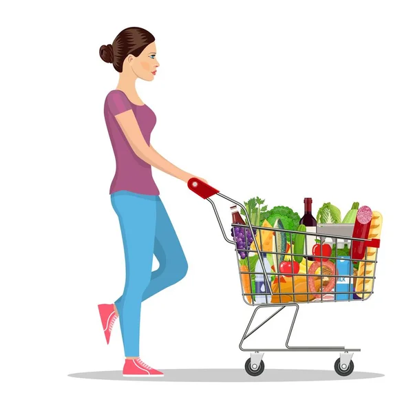 Jonge vrouw duwen supermarkt — Stockvector
