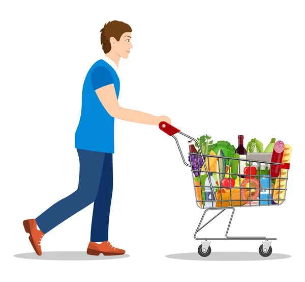 Young man pushing supermarket — Stock Vector