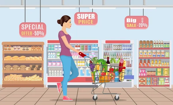 Mujer joven comprando comestibles — Vector de stock