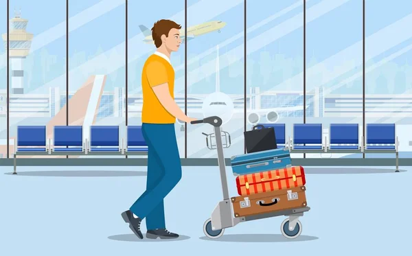 Hombre con carro de equipaje en el aeropuerto . — Archivo Imágenes Vectoriales
