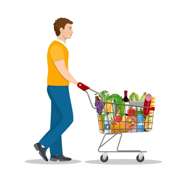 Giovane uomo spingendo supermercato — Vettoriale Stock