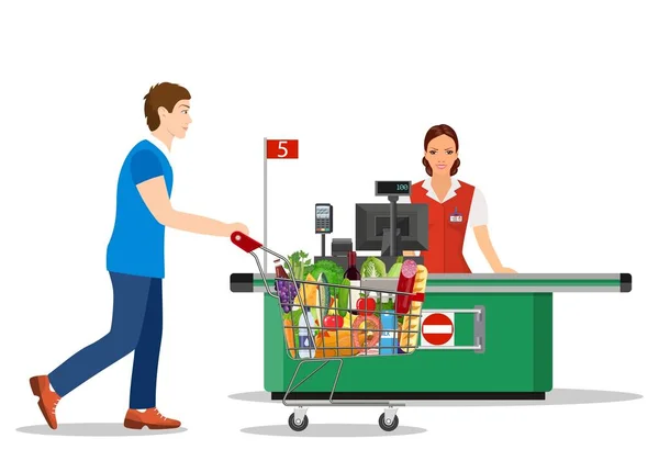 Люди делают покупки в супермаркете. — стоковый вектор
