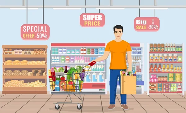 Jeune homme magasinant pour l'épicerie — Image vectorielle