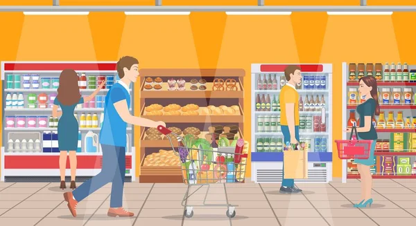 Clients personnes faisant pression sur les produits dans les supermarchés — Image vectorielle