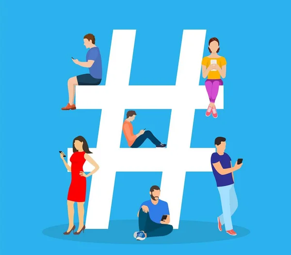 Hashtag koncept. personer som använder mobil — Stock vektor