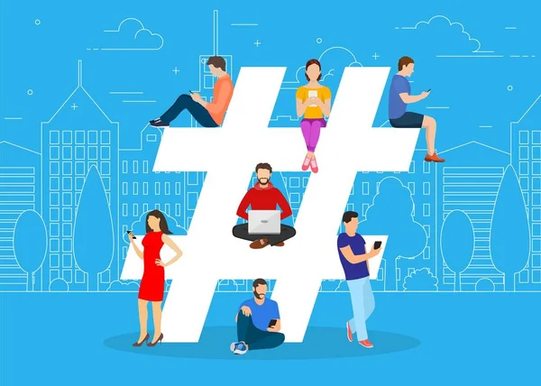 Hashtag koncept. personer som använder mobil — Stock vektor
