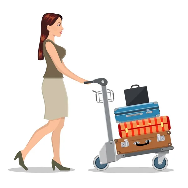 Donna con carrello bagagli in aeroporto . — Vettoriale Stock