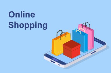 İzometrik akıllı telefon online alışveriş kavramı.
