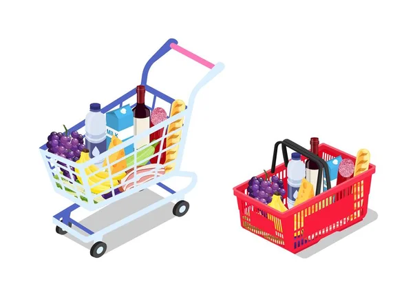 Isometric Grocery cart and basket — Stock Vector